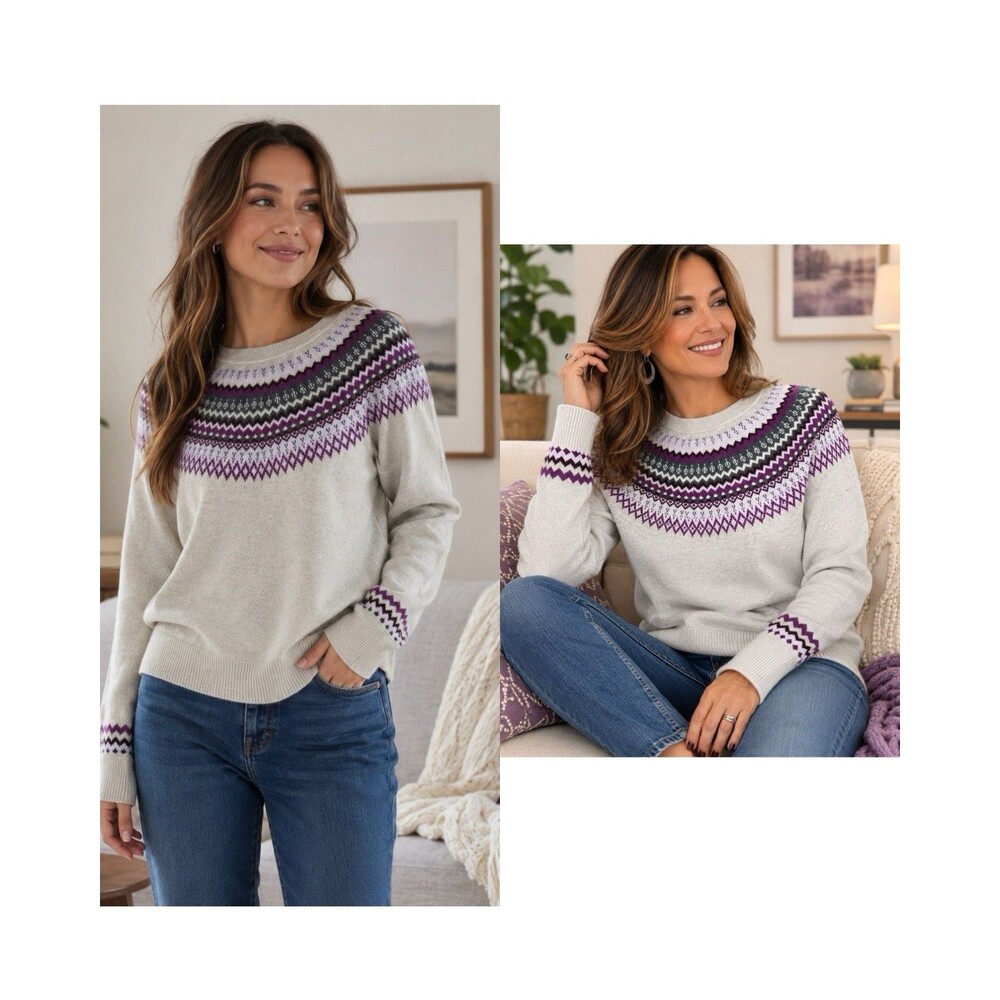 Nordic Fair Isle Sweater Knit Yoke Pattern Oatmeal Multi Women M Ski Cozy Hygge